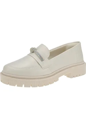 LÓRIS SHOES Mocassim Feminino Tratorado Bico Redondo com Enfeite Strass Brilho 026-010 Off White