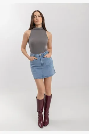 LEZ A LEZ Saia Jeans Curta Com Cintura Alta E Bolsos Funcionais