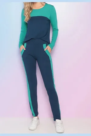 Maria Paes Conjunto Calça e Blusa Manga Longa Marinho e Verde