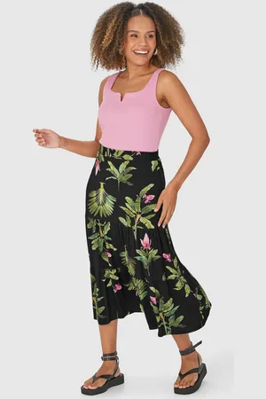 Malwee Saia Midi Feminina Marias Estampa Folhagem Em Viscose Stretch
