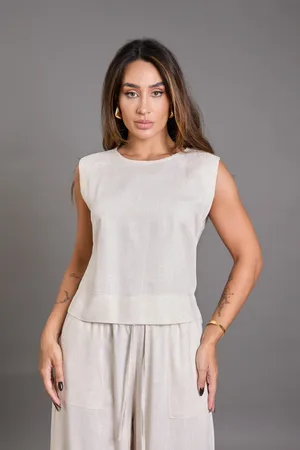 LEMIER Blusa Regata Feminina em Linho Collor Collection Cru