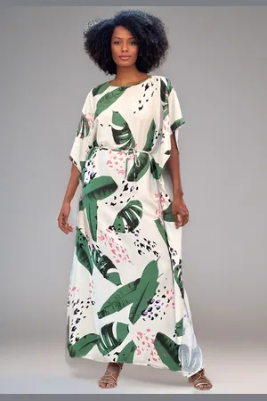Amazonia Vital Vestido Kaftan Viscose Longo Estampa Folhagem Poética