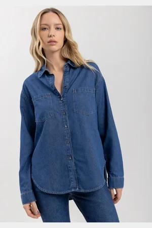 LEZ A LEZ Camisa Jeans Alongada Com Mangas Longas E Bolsos Frontais