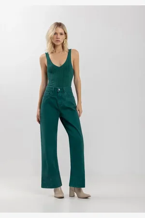 LEZ A LEZ Calça Wide Leg Em Sarja Com Cós Alto E Bordado Na Barra