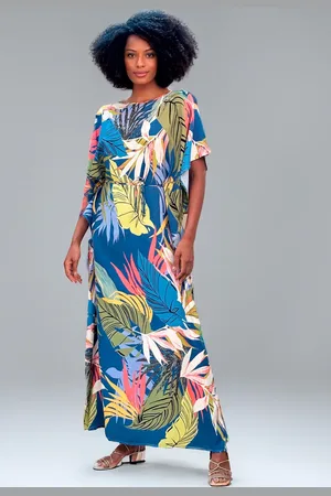 Amazonia Vital Vestido Kaftan Viscose Longo Estampa Brisa Botânica