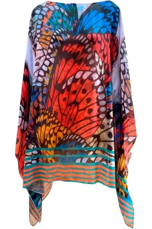 101 Resort Wear Vestido Kaftan Crepe Semitransparente Estampado Exclusivo Borboletas Multicoloridas