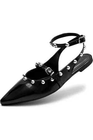Lumiss Sapatilha Feminina Slingback Bico Fino Tachas Confortável Verniz