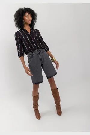 LEZ A LEZ Bermuda Jeans Jorts Estonada Com Bolsos E Cintura Alta