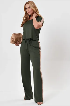 Mamorena Conjunto em Malha New Stardust de Blusa de Manga Curta com Calça Reta em Duas Cores