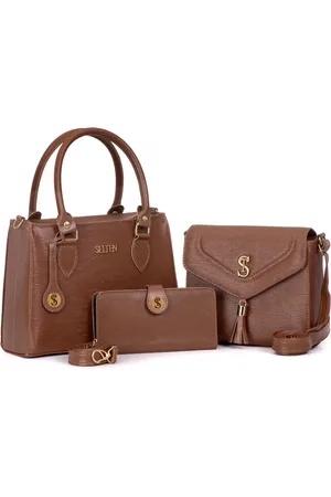 Selten Kit Bolsa Feminina Alça Lateral e Transversal + Bolsa Média Tampa E Carteira Marrom
