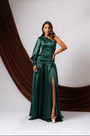 Cia do Vestido Vestido Longo de Festa Madrinhas Nula manga Uma Manga com Fenda Soraya Esmeralda
