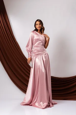 Cia do Vestido Vestido Longo de Festa Madrinhas Nula manga Uma Manga com Fenda Soraya Rosé