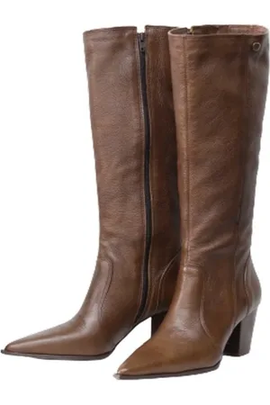 Spinelli Bota Feminina Bico Fino Cano Longo Couro Salto 6 cm Camel