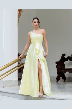 Cia do Vestido Vestido Longo de Festa Madrinhas um Ombro Zibeline Glow com Fenda Detalhe Lateral Silvana