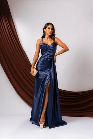 Cia do Vestido Vestido Longo de Festa Madrinhas Alcinha Transpasse com Fenda Sofia Azul Marinho