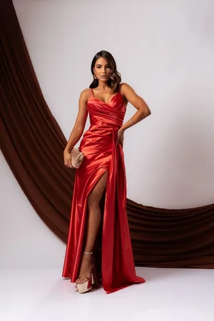 Cia do Vestido Vestido Longo de Festa Madrinhas Alcinha Transpasse com Fenda Sofia Terracota