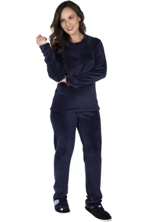 Victory Pijama Soft Feminino Inverno Longo Adulto Fleece Básico Marinho