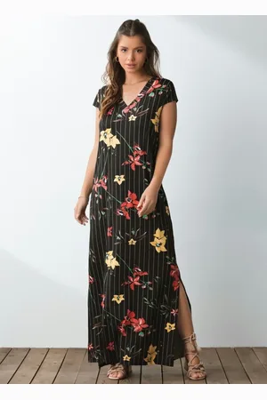 QUINTESS Vestido Longo Com Fenda Floral Risca De Giz