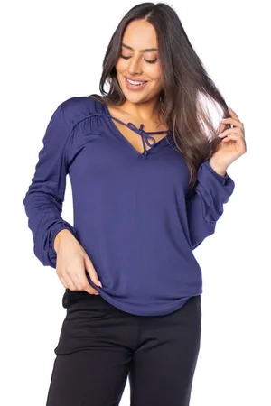 Rovitex Blusa Feminina Manga Longa Decote V com Amarração