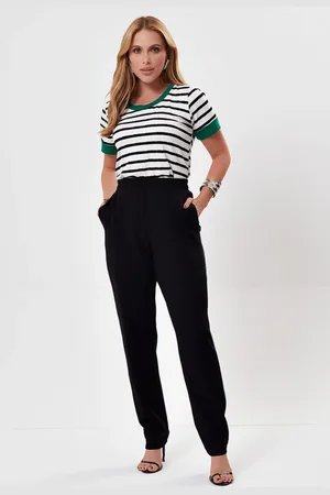 Mamorena Conjunto de Blusa Listrada e Calça Reta com Punho no Decote e na Manga com Faixa Lateral