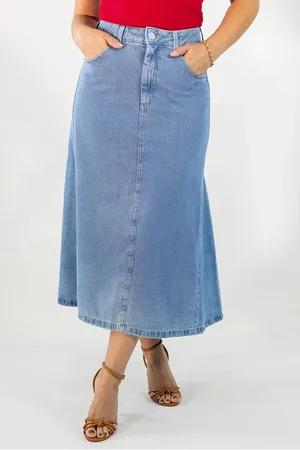 Anticorpus JeansWear Saia Feminina Longa Jeans Azul Claro Evasê Alta Anticorpus