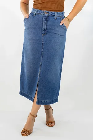 Anticorpus JeansWear Saia Jeans Longa Feminina Azul Médio Alta Fenda Anticorpus