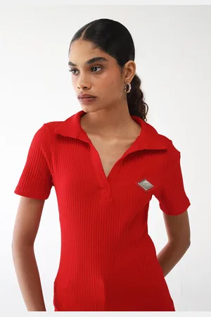 LANCA PERFUME Blusa Polo Ajustada Canelada com Logo Vermelha