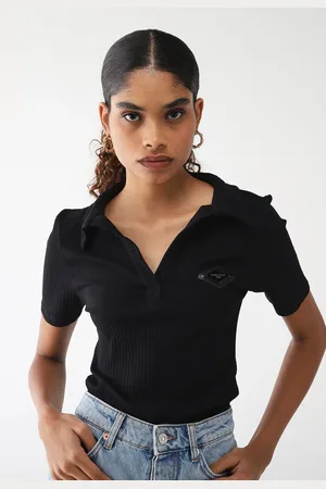 LANCA PERFUME Blusa Polo Ajustada Canelada com Logo Preta