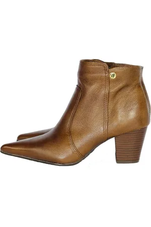 Spinelli Bota Feminina Bico Fino Cano Curto Couro Salto 6 cm Camel