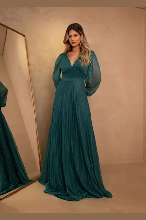 Cia do Vestido Vestido Longo de Festa Madrinhas Manga Longa Fechado Decote em V Micro Tule com Brilho Liora Verde Petróleo