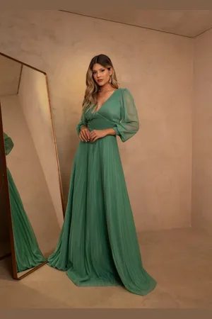 Cia do Vestido Vestido Longo de Festa Madrinhas Manga Longa Fechado Decote em V Micro Tule com Brilho Liora Verde Menta