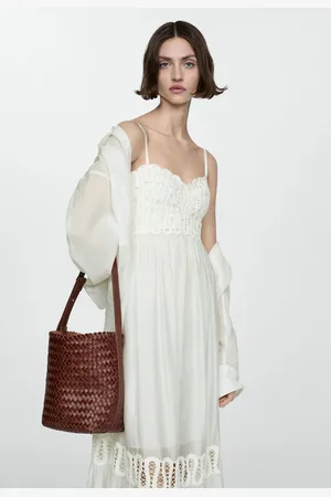 MANGO Vestido Longo Recorte Renda Off-White