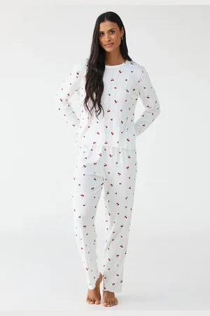 Malwee Conjunto de Pijama Longo Canelado Estampa de Cereja Off-White