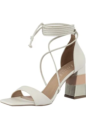Lumiss Sandália Feminina Amarração Salto Alto Bloco Grosso Confortável Off White