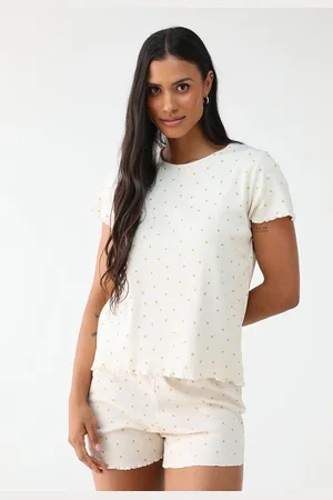 Malwee Conjunto de Pijama Curto Canelado Estampa de Poá Off-White