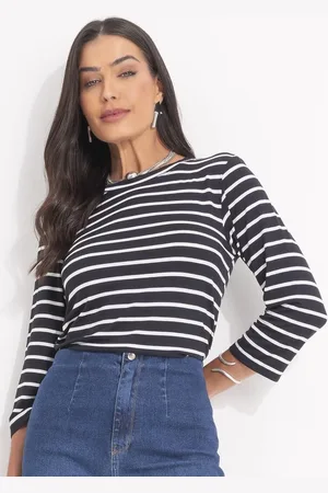 QUINTESS Blusa Feminina Listrado Preto Em Malha De Viscose