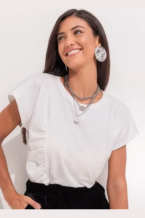 QUINTESS Blusa Feminina Bege Em Malha De Algodão Penteado