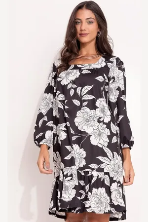 QUINTESS Vestido Feminino Floral E Branco Em Malha Fria