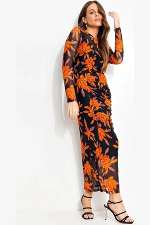 QUINTESS Vestido Feminino Floral Em Tule Laranja