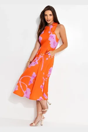 QUINTESS Vestido Feminino Floral Orquídeas Em Crepe Plano