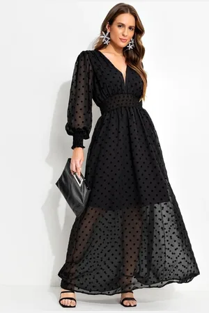 QUINTESS Vestido Feminino Poá Flock Em Chiffon