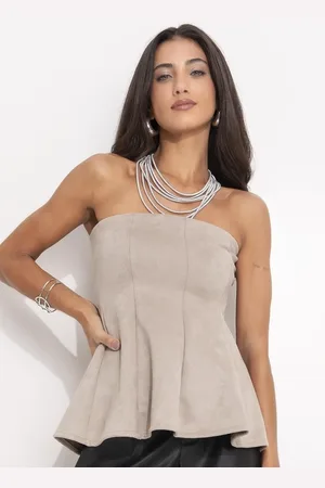 QUINTESS Blusa Feminina Peplum Em Malha Suede Cinza