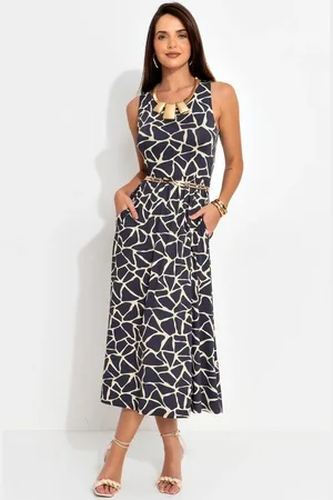 QUINTESS Vestido Feminino Abstrato Bicolor Em Malha De Viscose
