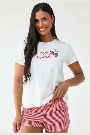 Malwee Conjunto de Pijama Curto Listrado Off-White