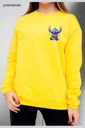 Mooboots Moletom Sem Capuz Blusa Casual Sem Bolso Moleton urbania Gola Redonda Careca Promoção Tamanho Adulto Estampa Stitch coração