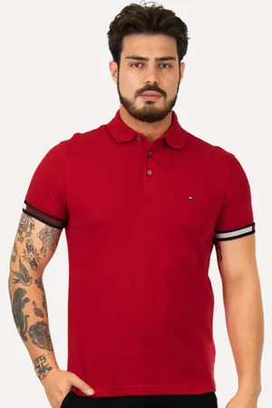 Tommy Hilfiger Polo Masculina Slim Piquet Classic Flag Cuff Vermelha
