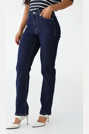 Dudalina Calça Jeans Reta Pesponto Azul-Marinho