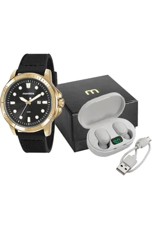 Mondaine Kit Relógio Masculino Dourado Calendário Com Fone Bluetooth