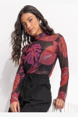 QUINTESS Blusa Feminina Folhagem Bordada Em Tule