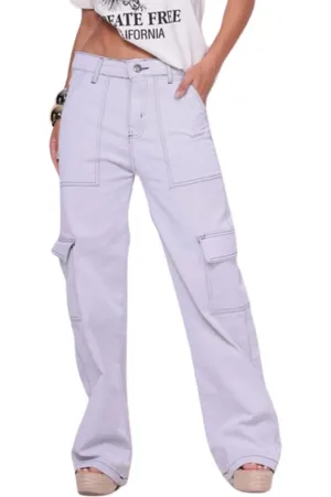 Alleppo Jeans Calça Feminina Sarja Cargo Branca com Costura Preta